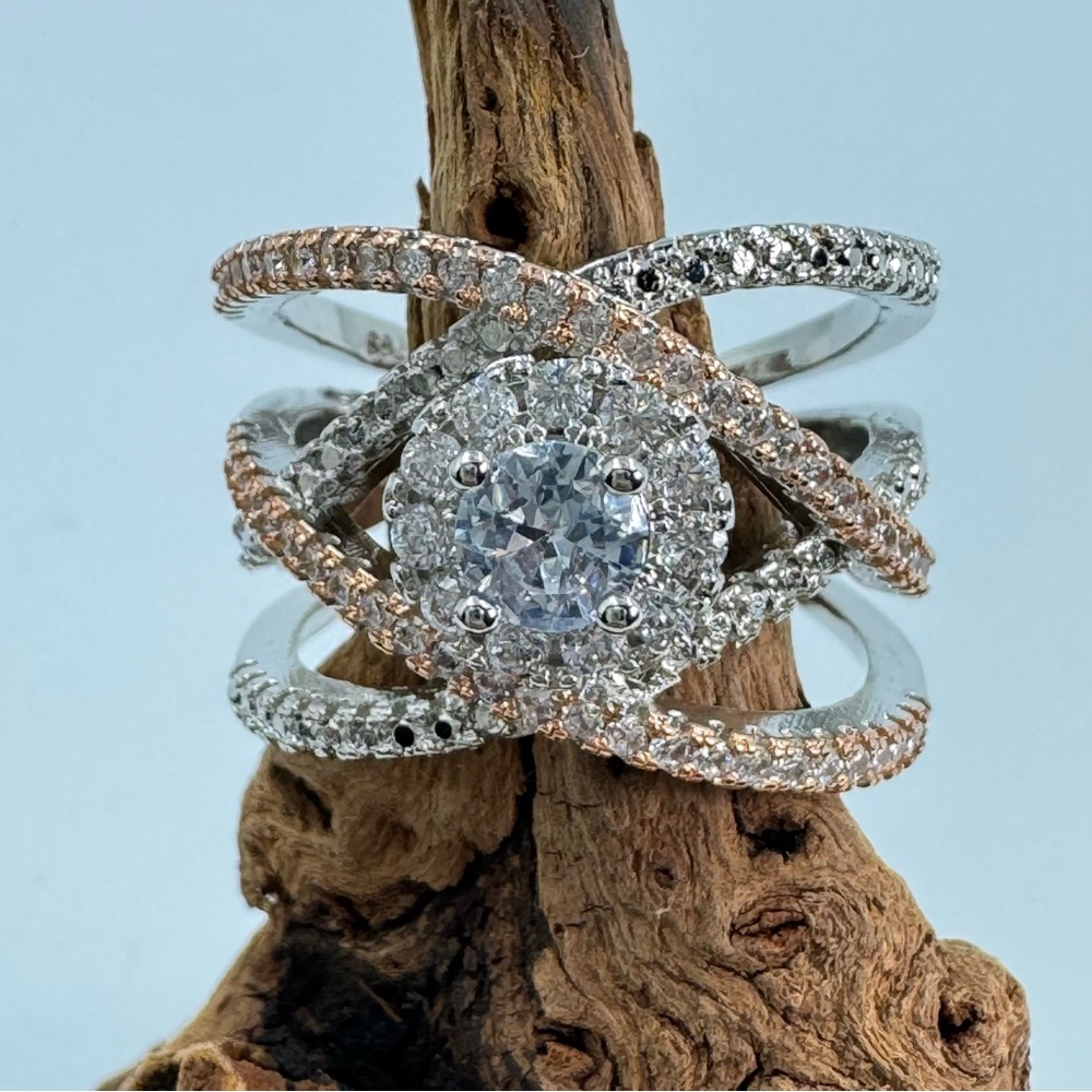 Two Tone Silver & Rose Wide Wrap Around Ring With Round Crystal Center Stone 8sz